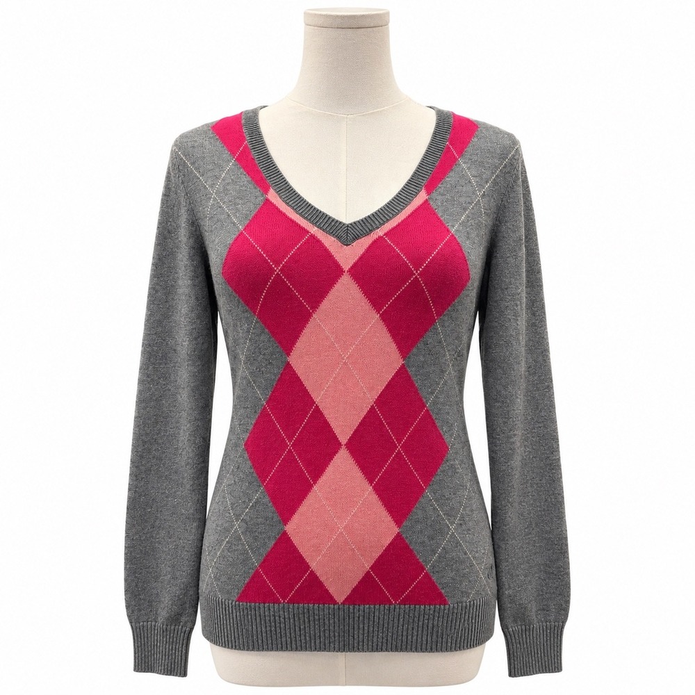 IZOD Argyle V-Neck Sweater Gray Pink 100% Cotton Preppy Academic Size S
